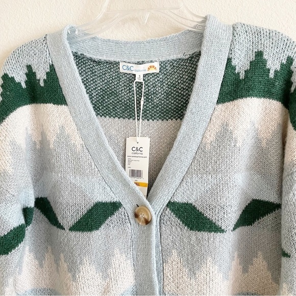 New C&C CALIFORNIA Aztec Print Oversized Cropped Cardigan V Neck Blue Sweater S - Picture 3 of 13